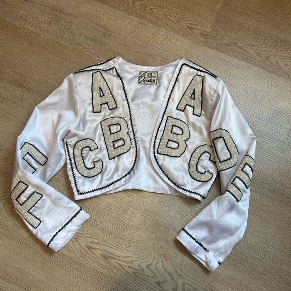 Vintage White Satin Cropped Jacket with Black Beaded Lettering